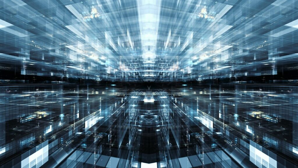 An image depicting the transmission of data through thousands of screens heading to a central point.